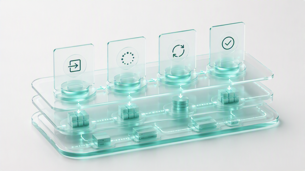 A layered, translucent system architecture diagram showing a workflow progressing through multiple stages, from submission and processing to synchronization and successful completion, with visual indicators for progress, system updates, and confirmation.