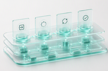 A layered, translucent system architecture diagram showing a workflow progressing through multiple stages, from submission and processing to synchronization and successful completion, with visual indicators for progress, system updates, and confirmation.